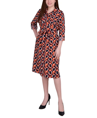 Ny Collection Petite Printed Long Sleeve Roll Tab Shirtdress