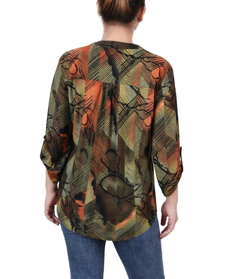 Ny Collection Petite 3/4 Roll Tab Sleeve Printed Pintuck Top