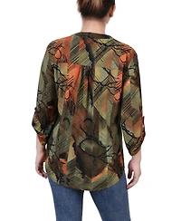 Ny Collection Petite 3/4 Roll Tab Sleeve Printed Pintuck Top