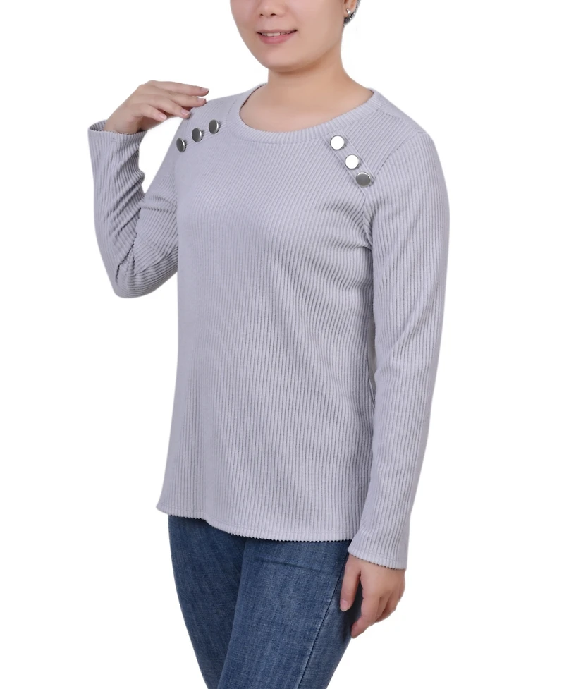 Ny Collection Petite Long Sleeve Ribbed Button Detail Top