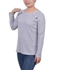 Ny Collection Petite Long Sleeve Ribbed Button Detail Top
