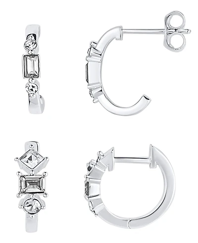 And Now This 2 Pair Crystal in Fine Silver-Plated Hoop Earring Set