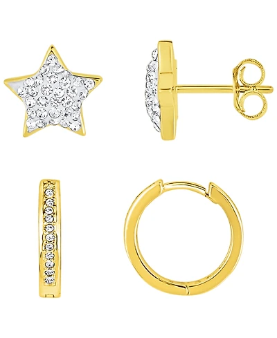 And Now This 2 Pair Crystal Hinged Hoop and Crystal Pave Star Stud Gold-Plated Earring Set
