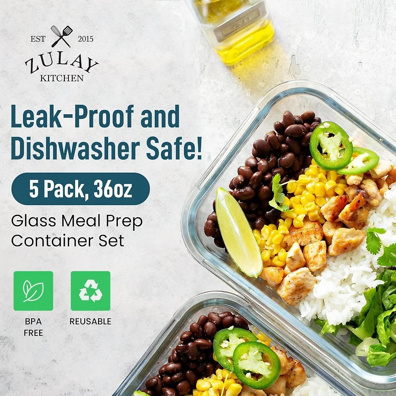 5 Pack Glass Meal Prep Containers with Lids - Airtight, Premium Borosilicate Glass Food Storage Containers