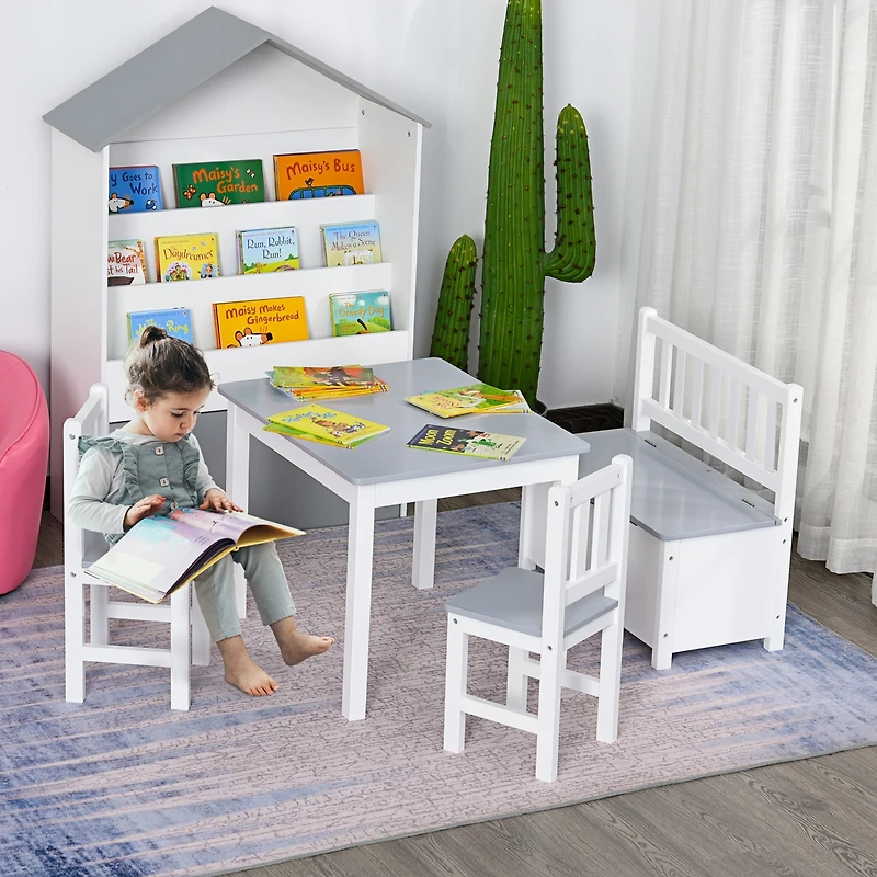 Qaba 4-Piece Kids Table Set with 2 Wooden Chairs, 1 Storage Bench,