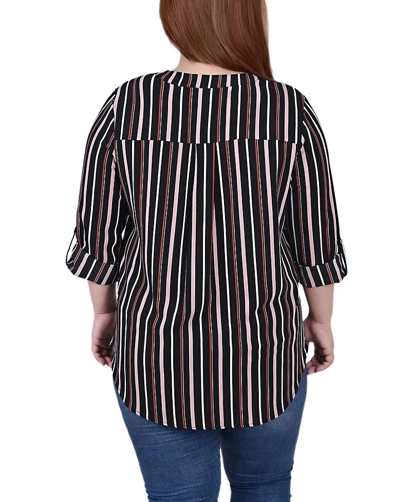 Ny Collection Plus 3/4 Sleeve Mandarin Collar Blouse with Front Pleats