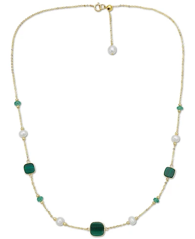 Effy Freshwater Pearl (4-1/2mm), Malachite, & Emerald (1/2 ct. t.w.) 17" Collar Necklace in 14k Gold