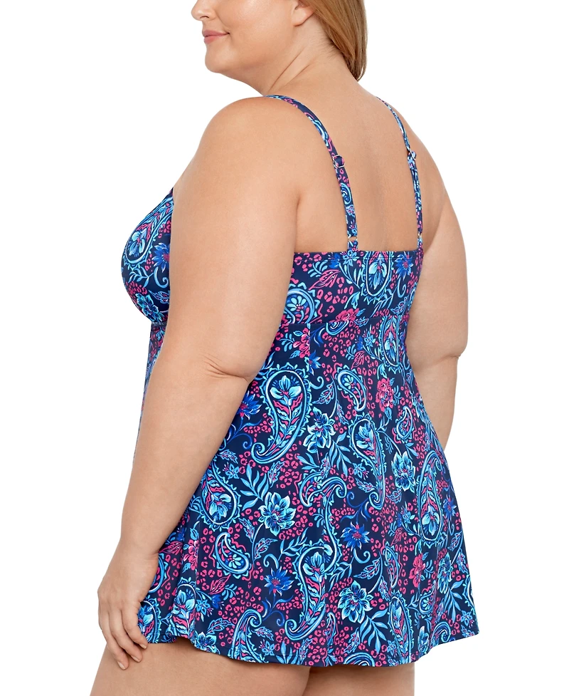Swim Solutions Plus Size Tummy Control Printed Tie-Waist Swim Dress, Created for Macy's