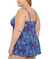 Swim Solutions Plus Size Tummy Control Printed Tie-Waist Swim Dress, Created for Macy's