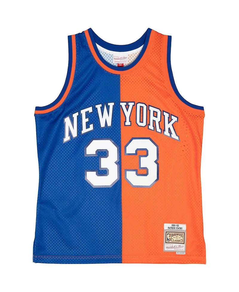 Men's Mitchell & Ness Patrick Ewing Blue, Orange New York Knicks Hardwood Classics 1991-92 Split Swingman Jersey