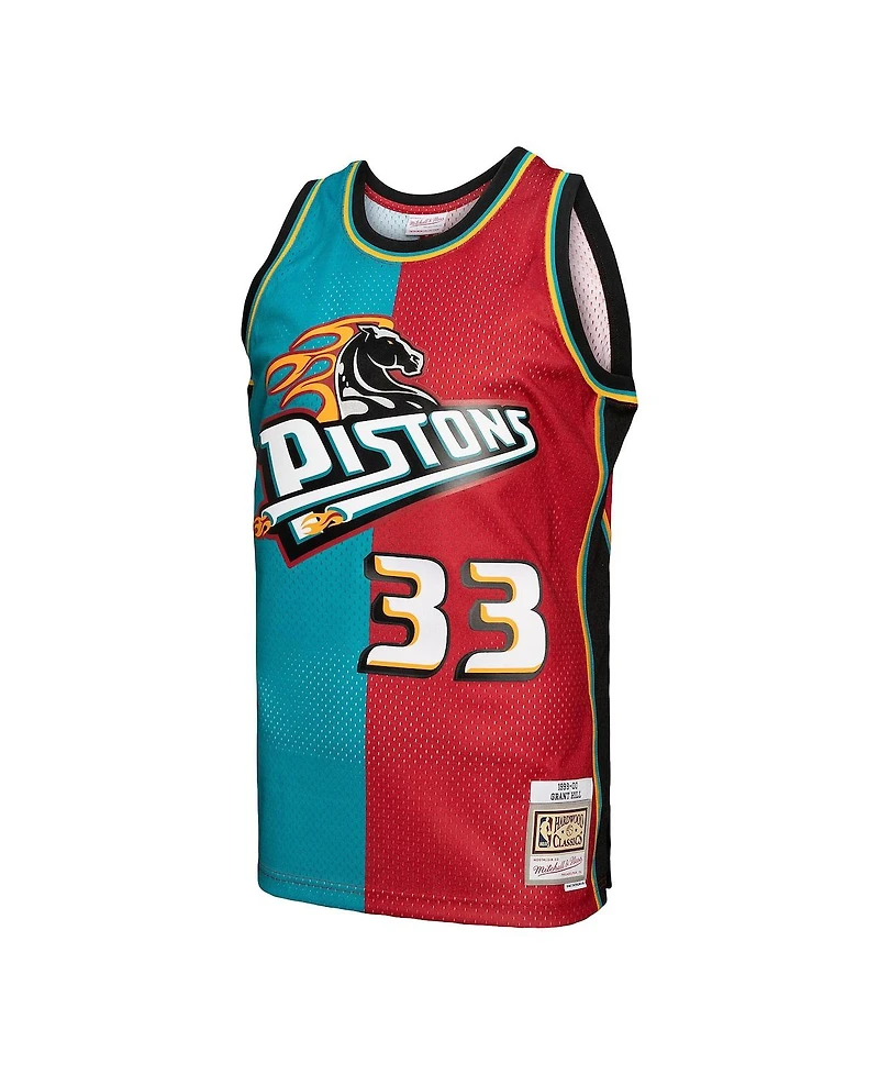 Men's Mitchell & Ness Grant Hill Teal, Red Detroit Pistons Hardwood Classics 1999-00 Split Swingman Jersey