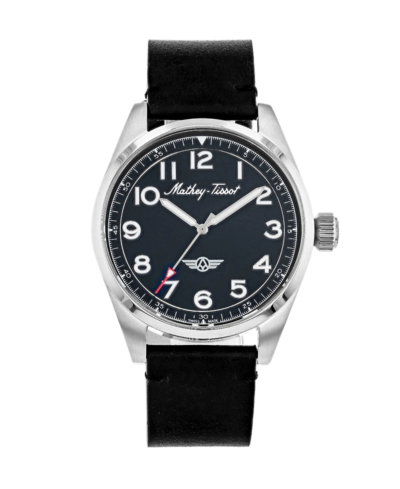 Mathey-Tissot Men's Heritage Collection Three Hand Black Genuine Leather Strap Watch, 42mm