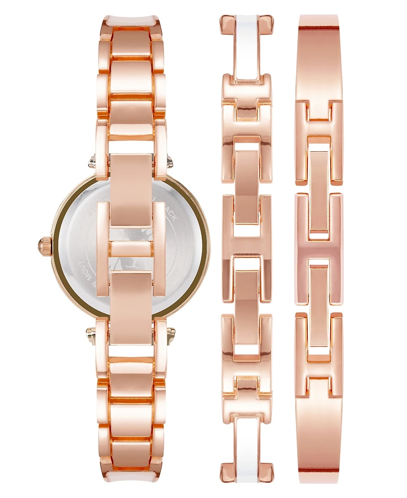 Anne Klein Women's Rose Gold-Tone Alloy Bangle with White Enamel and Crystal Accents Fashion Watch 33mm Set 3 Pieces