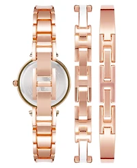 Anne Klein Women's Rose Gold-Tone Alloy Bangle with White Enamel and Crystal Accents Fashion Watch 33mm Set 3 Pieces