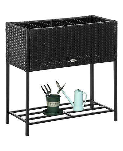Pe Rattan Outdoor Raised Flower Garden Planter Bed w/ Shelf, Brown
