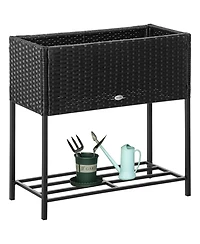 Pe Rattan Outdoor Raised Flower Garden Planter Bed w/ Shelf, Brown