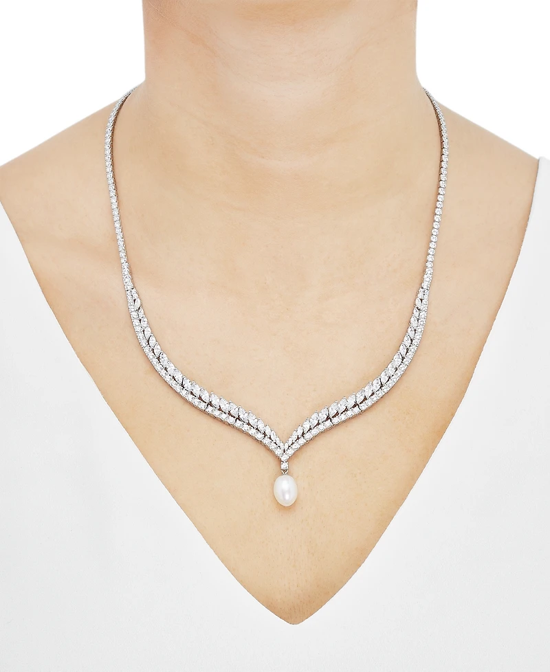 Arabella Cultured Freshwater Pearl (9x11mm) & Cubic Zirconia 17" Collar Necklace in Sterling Silver