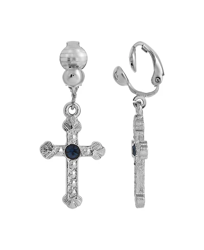 Symbols of Faith Silver-Tone Blue Crystal Accent Cross Clip Earrings