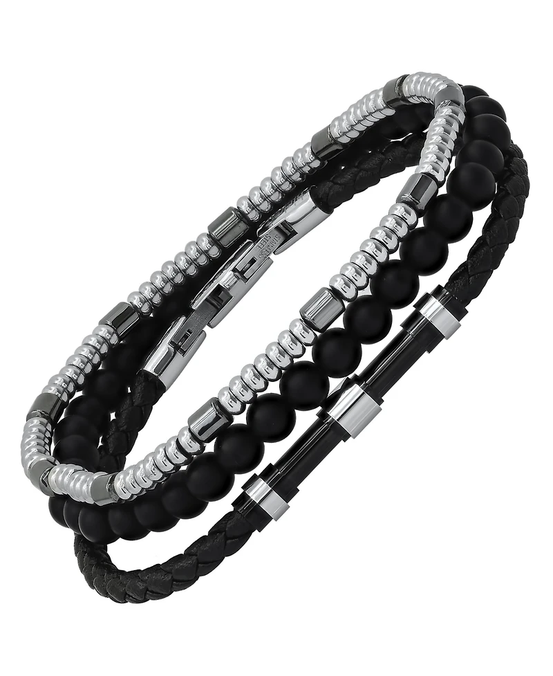 hickey by Hickey Freeman Genuine Leather Skinny with Stainless Steel Hematite Bracelet, 3 Piece Set