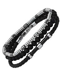 hickey by Hickey Freeman Genuine Leather Skinny with Stainless Steel Hematite Bracelet, 3 Piece Set