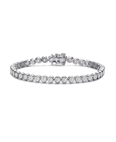 Elegant Sterling Silver Tennis Bracelet with Rhodium Plating and Clear Round Cubic Zirconia in Milgrain Bezel Setting