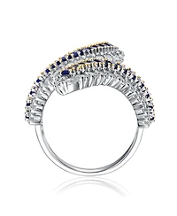 Sterling Silver Rhodium Plated with Green Cubic Zirconia Bypass Ring