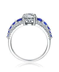 Sterling Silver Rhodium Plated with Blue Cubic Zirconia Statement Ring