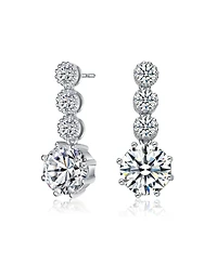 Sterling Silver with Rhodium Plated Clear Round Cubic Zirconia Tier Drop Earrings