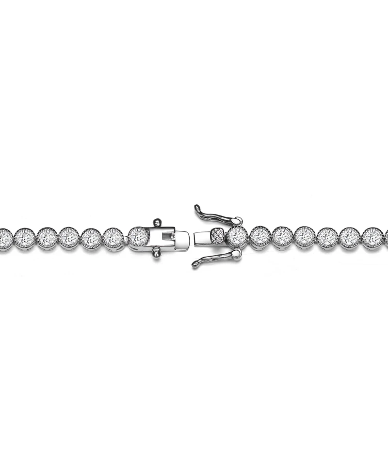 Elegant Sterling Silver Tennis Bracelet with Rhodium Plating and Clear Round Cubic Zirconia in Milgrain Bezel Setting
