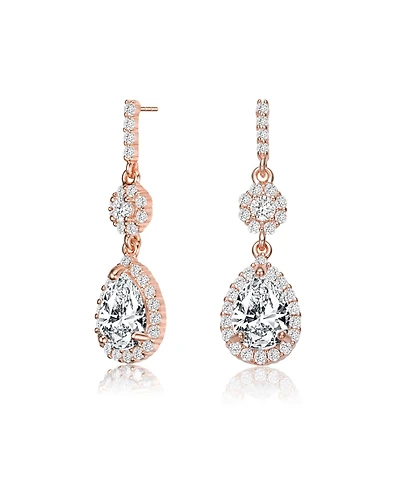 Sterling Silver with Rose Gold Plated Clear Pear with Round Cubic Zirconia Halo and Cluster Accent Drop Earrings