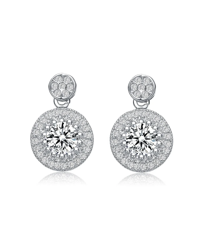 Sterling Silver with Rhodium Plated Clear Round Cubic Zirconia Thick Halo Drop Earrings