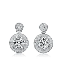 Sterling Silver with Rhodium Plated Clear Round Cubic Zirconia Thick Halo Drop Earrings