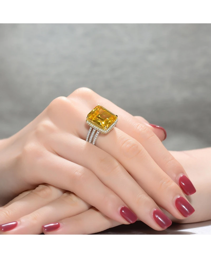 Sterling Silver White Gold Plated Yellow Ascher with Clear Round Cubic Zirconia Triple Pave Ring