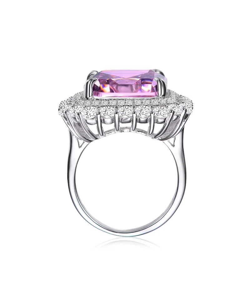 Sterling Silver White Gold Plated Pink Ascher Cubic Zirconia with Clear Round Zirconia's Double Halo Cocktail Ring