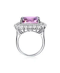 Sterling Silver White Gold Plated Pink Ascher Cubic Zirconia with Clear Round Zirconia's Double Halo Cocktail Ring