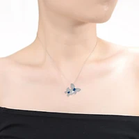 Sterling Silver White Gold Plated Blue Cubic Zirconia Double Fluttering Butterfly Pendant Necklace