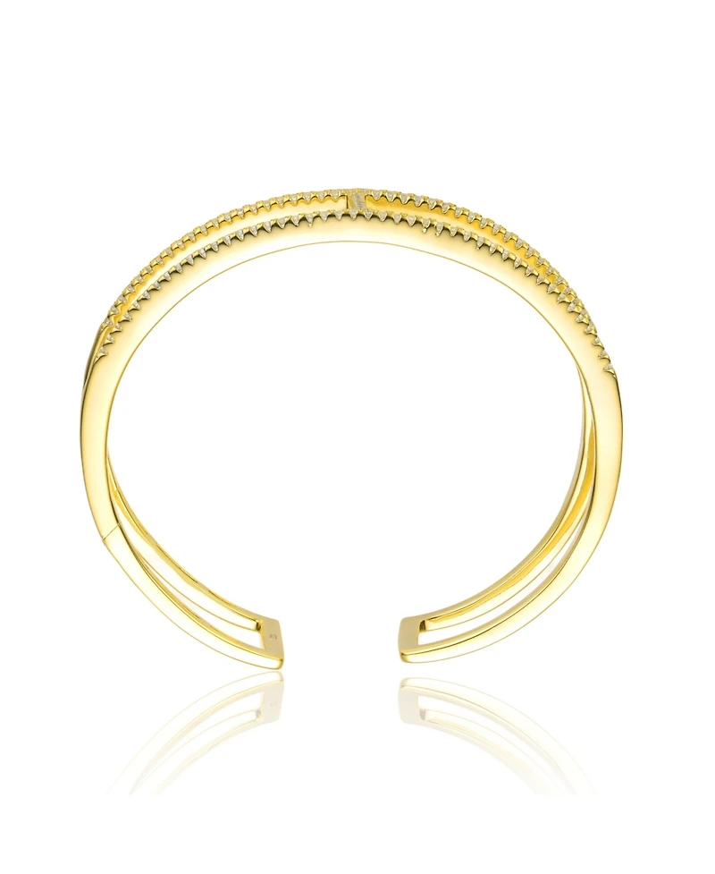 Sterling Silver 14K Gold Plated Clear Cubic Zirconia 2-Row Cuff Bracelet
