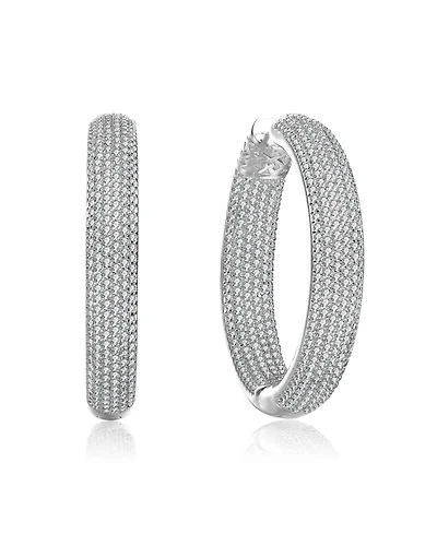 Ra Rhodium Plated Clear Round Cubic Zirconia Pave Hoop Earrings