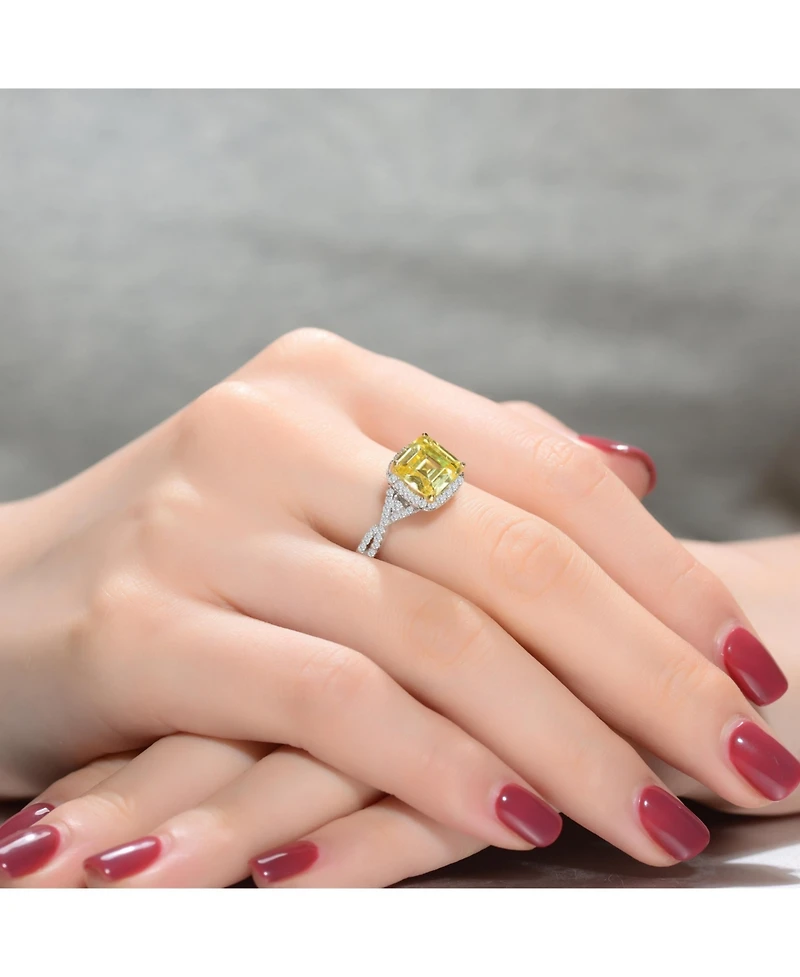 Sterling Silver White Gold Plated Yellow Cushion Cubic Zirconia with Clear Round Zirconias Accent Twisted Ring