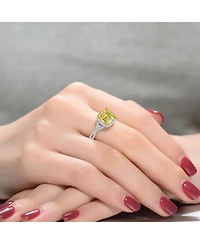 Sterling Silver White Gold Plated Yellow Cushion Cubic Zirconia with Clear Round Zirconias Accent Twisted Ring