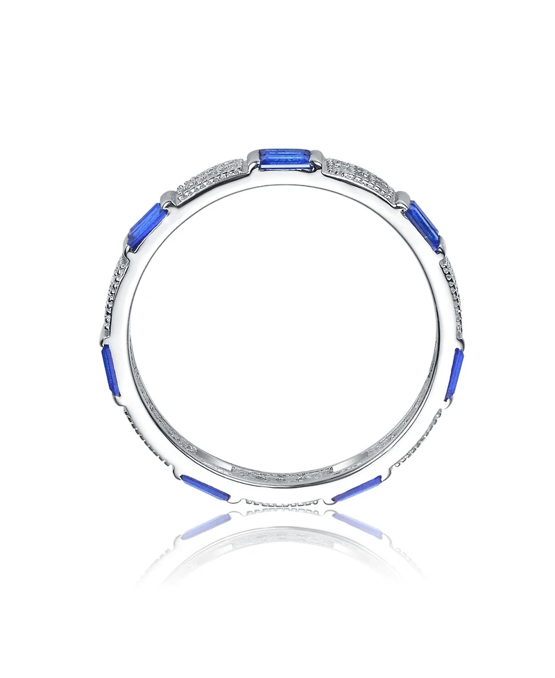 Sterling Silver White Gold Plated with Red Baguette & Round Cubic Zirconia Eternity Band Stacking Ring