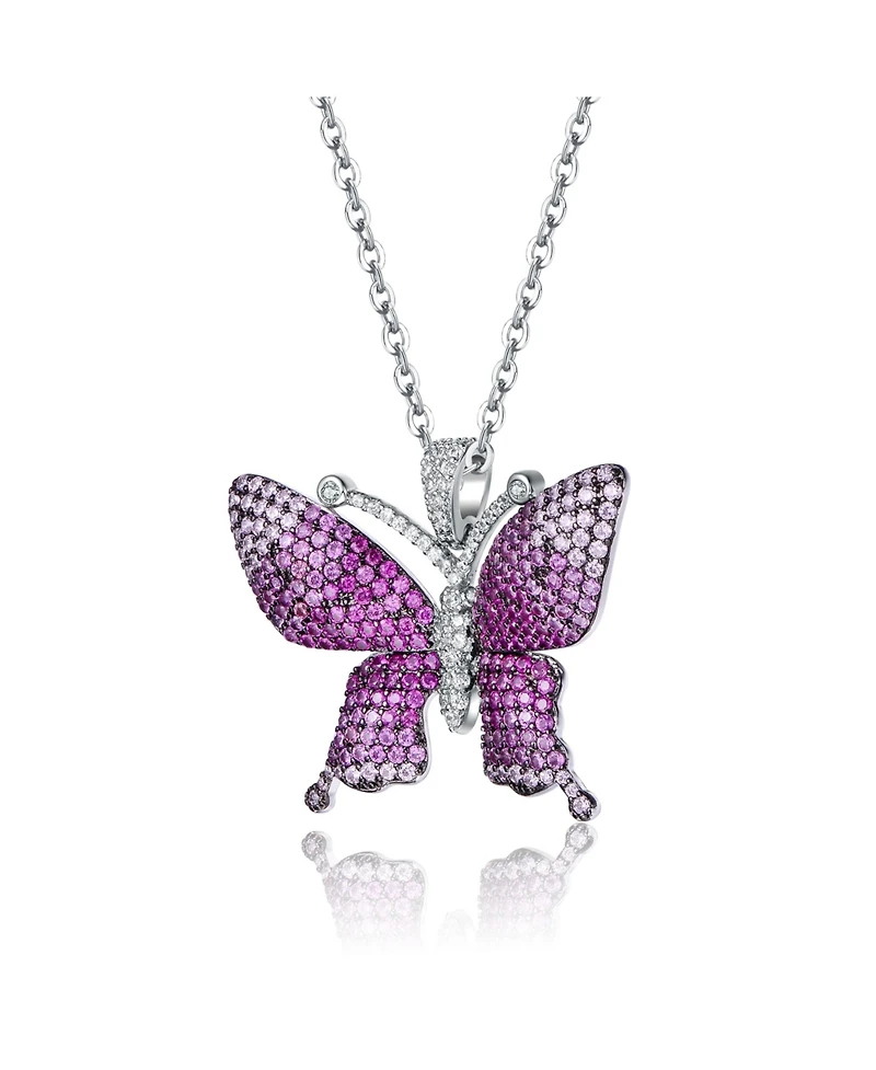Sterling Silver with Rhodium and Black Plated Red Cubic Zirconia Butterfly Pendant Necklace
