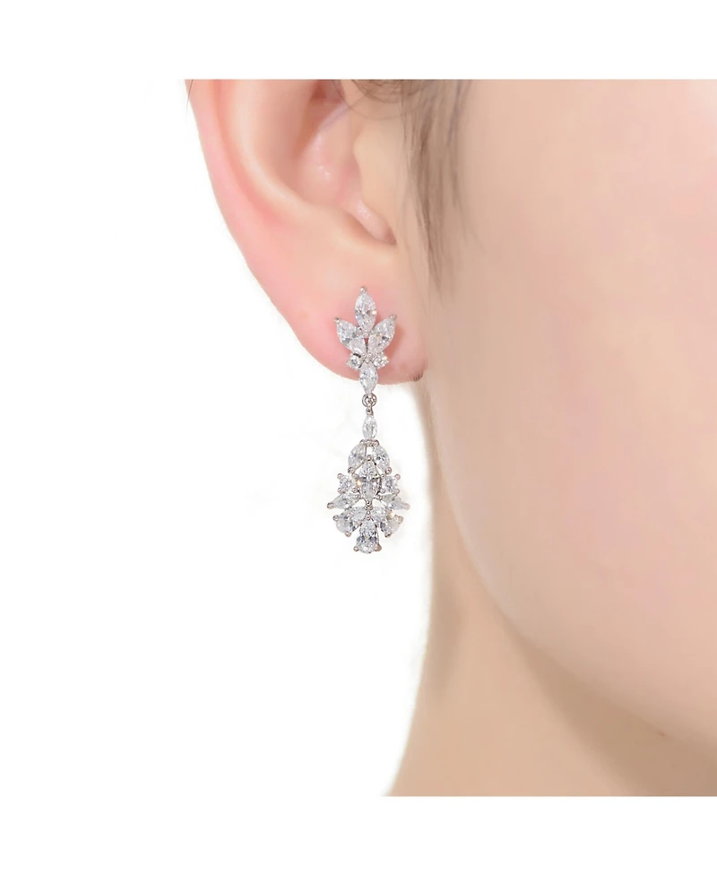 Elegant Sterling Silver & Rhodium-Plated Marquise, Pear, and Round Cubic Zirconia Cluster Earrings