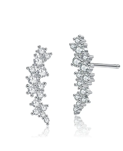 Sterling Silver with Rhodium Plated and Clear Cubic Zirconia Stud Earrings