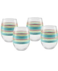 Fiesta Deco Fashion Peony Stripes Stemless 4 Piece Wine Glass Set, 15 oz
