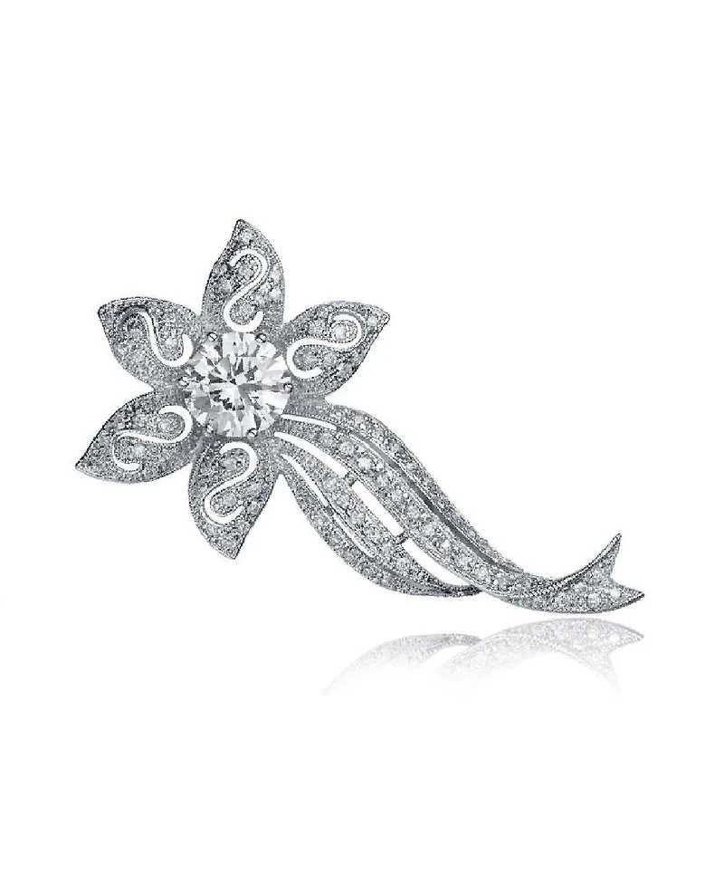 Sterling Silver Stylish White Cubic Zirconia Flower Pin
