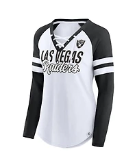 Women's Fanatics White Las Vegas Raiders Plus True to Form Lace-Up V-Neck Raglan Long Sleeve T-shirt