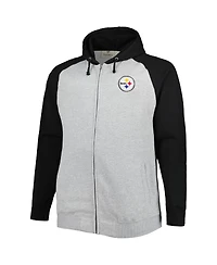 Men's Heather Gray Pittsburgh Steelers Big and Tall Fleece Raglan Full-Zip Hoodie Jacket