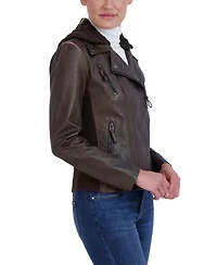 Sebby Collection Women's Hooded Faux Leather Moto Jacket