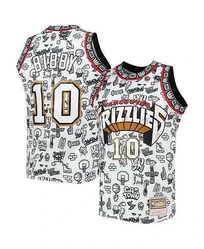 Men's Mitchell & Ness Mike Bibby White Vancouver Grizzlies 1998-99 Hardwood Classics Doodle Swingman Player Jersey